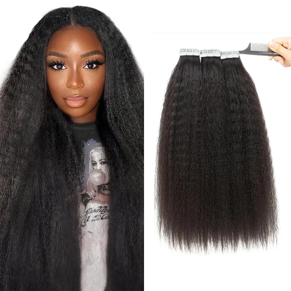 Kinky Straight Tape In Human Hair Extensions Skin Weft Hair Extensions Adhesive Invisible 100% Brazilian Virgin Natural Hair #1B