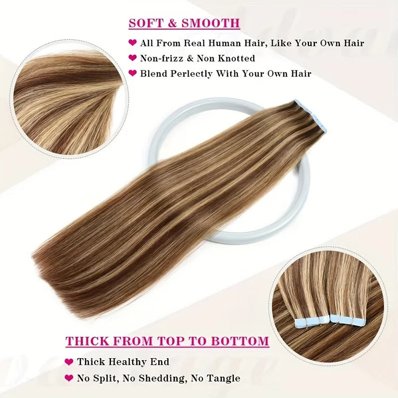 Alimice #4/27 Highlight Brown Blonde Tape In Extensions Human Hair Extensions 20pcs 50g Tape In Real Human Hair