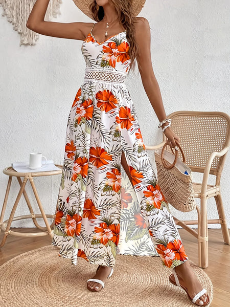 Women's Lace Patchwork Tropical Print Long Cami Dress, Elegant