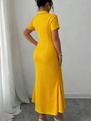 Elegant Solid Color Short Sleeve Button-Up Neck Midi Dress Casual Slimming Women's Dress