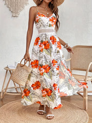 Women's Lace Patchwork Tropical Print Long Cami Dress, Elegant