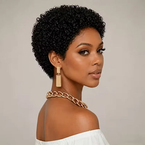 Afro Kinky Curly Short Pixie Cut Wig Human Hair Wigs for Change in Style Women's Machine Made