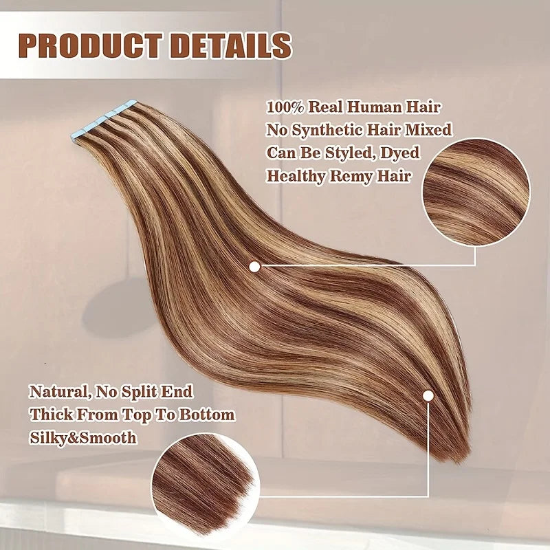 Alimice #4/27 Highlight Brown Blonde Tape In Extensions Human Hair Extensions 20pcs 50g Tape In Real Human Hair