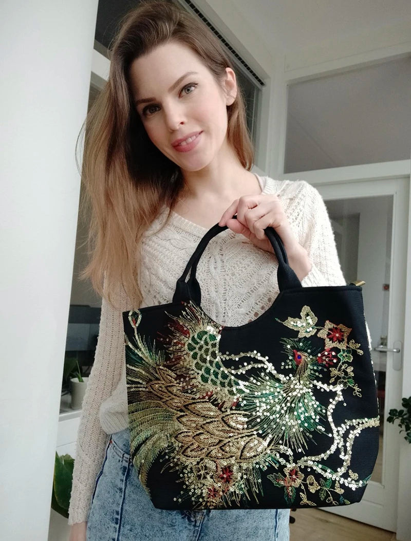 Ethnic Style Sequins Tote Bag, Peacock Embroidery Handbags, Vintage Canvas Crossbody Bag