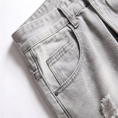 Mens Jeans Large-size Straight Light Gray Denim Trousers Spring  Ripped Jeans