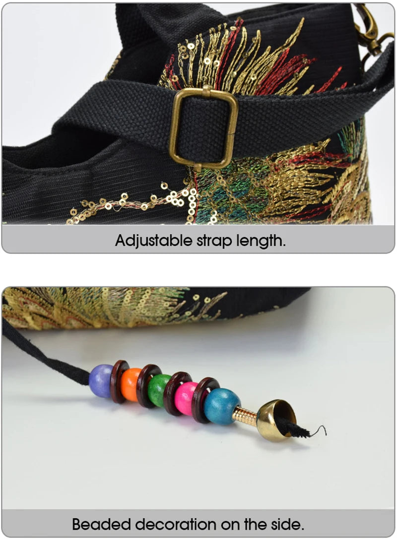Ethnic Style Sequins Tote Bag, Peacock Embroidery Handbags, Vintage Canvas Crossbody Bag