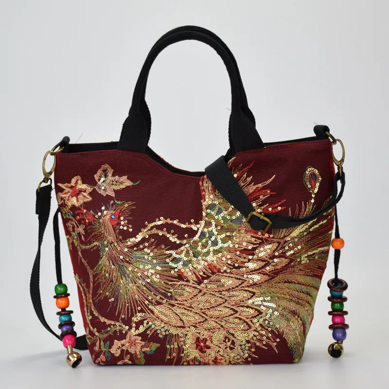 Ethnic Style Sequins Tote Bag, Peacock Embroidery Handbags, Vintage Canvas Crossbody Bag