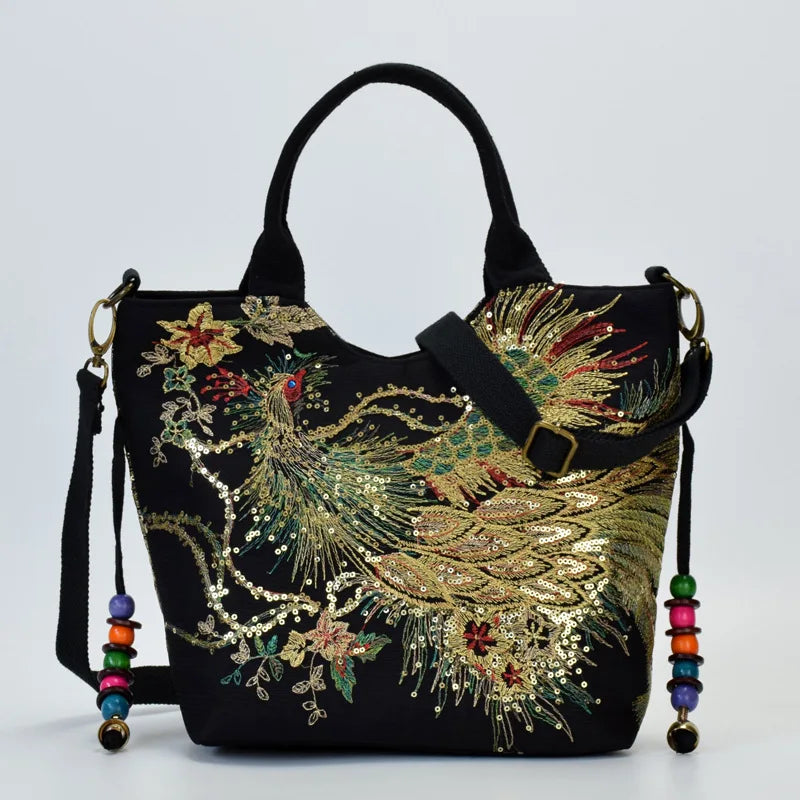 Ethnic Style Sequins Tote Bag, Peacock Embroidery Handbags, Vintage Canvas Crossbody Bag