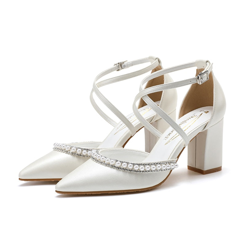 Women&#39;s Shoes High Heels Sexy Pumps Wedding Bride Shoes Pearl Rhinestones Thick High-heeled Pointed Toe For Spring 2022 Sandals
