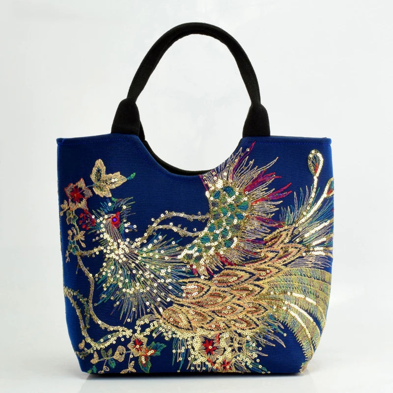 Ethnic Style Sequins Tote Bag, Peacock Embroidery Handbags, Vintage Canvas Crossbody Bag