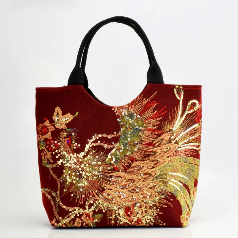 Ethnic Style Sequins Tote Bag, Peacock Embroidery Handbags, Vintage Canvas Crossbody Bag