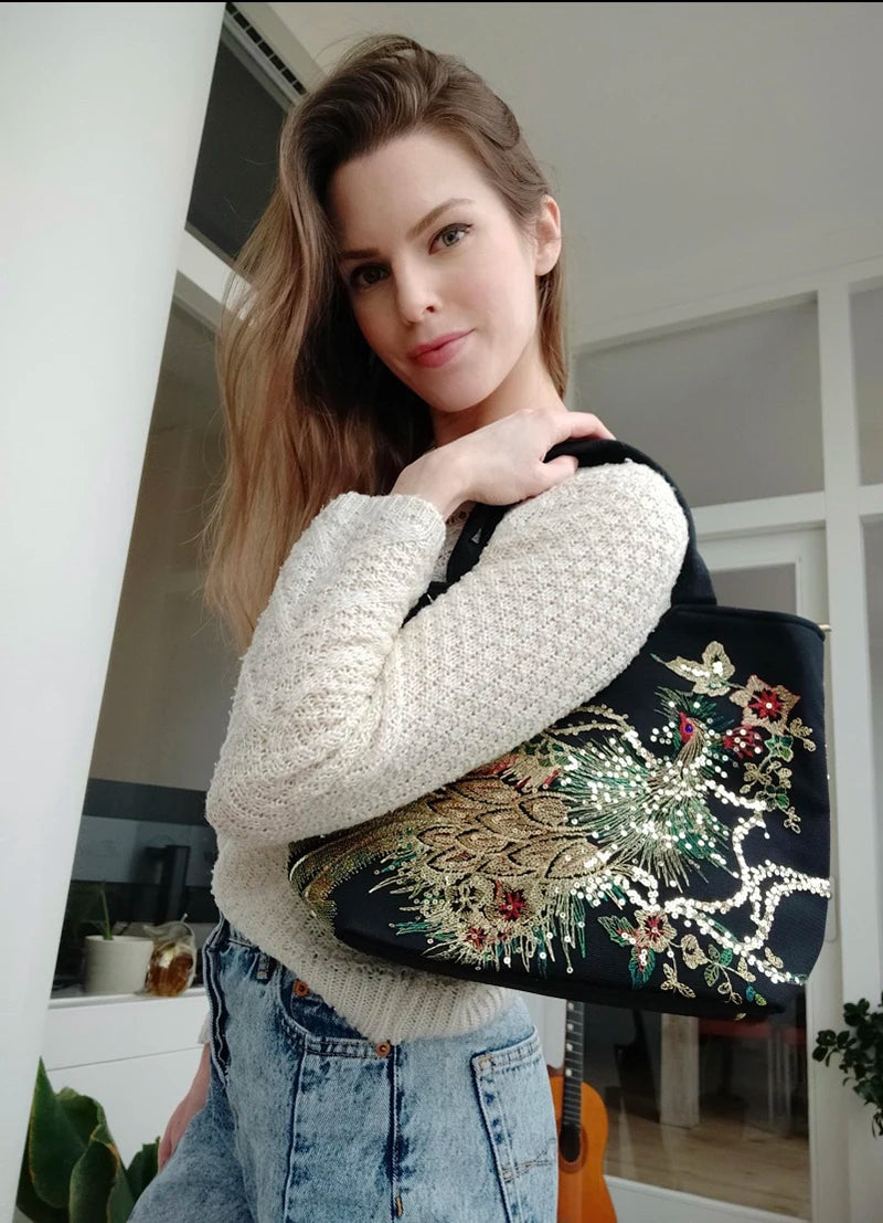 Ethnic Style Sequins Tote Bag, Peacock Embroidery Handbags, Vintage Canvas Crossbody Bag