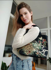 Ethnic Style Sequins Tote Bag, Peacock Embroidery Handbags, Vintage Canvas Crossbody Bag