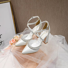 Women's Shoes High Heels Sexy Pumps Wedding Bride Shoes Pearl Rhinestones Thick High-heeled Pointed Toe For Spring 2022 Sandals