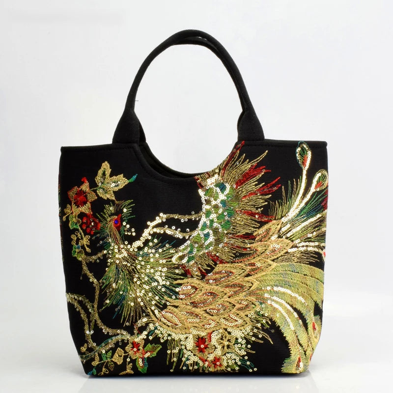 Ethnic Style Sequins Tote Bag, Peacock Embroidery Handbags, Vintage Canvas Crossbody Bag
