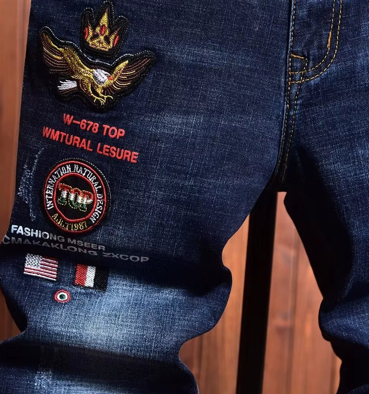 European Station Print Denim Slim Fit Cropped Pants Summer Embroider