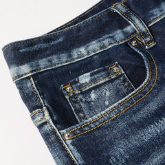 Washed and Made Old Cat Whisker Patch Ripped Elastic Slim Pants Ink Splashing Jeans for Men