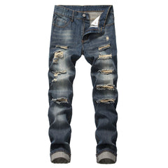 Punk Street Style Ripped Skinny Jeans Men Vintage Wash Solid Denim Trouser Mens Casual Slim Fit Pencil Denim Holes Pants 2024