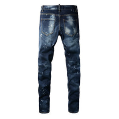 Washed and Made Old Cat Whisker Patch Ripped Elastic Slim Pants Ink Splashing Jeans for Men