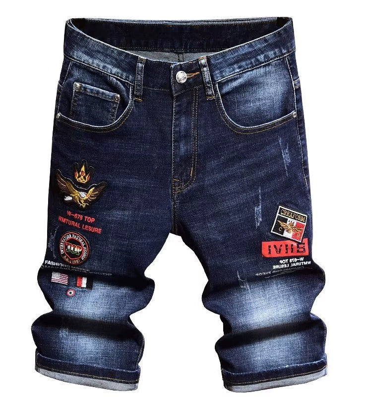 European Station Print Denim Slim Fit Cropped Pants Summer Embroider