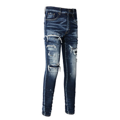Washed and Made Old Cat Whisker Patch Ripped Elastic Slim Pants Ink Splashing Jeans for Men