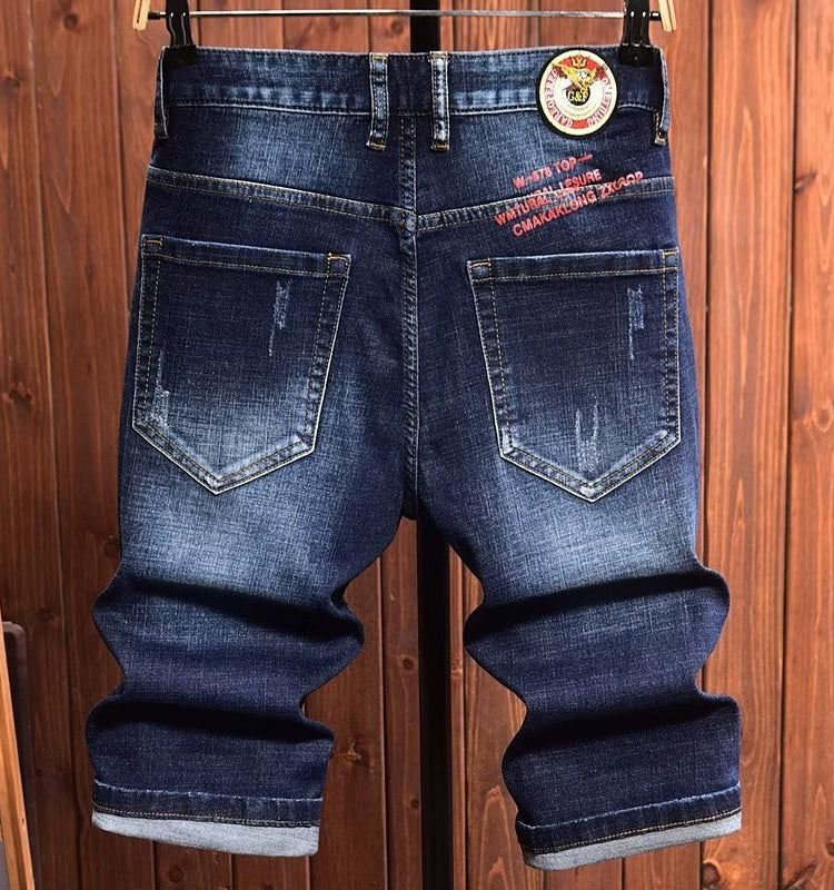 European Station Print Denim Slim Fit Cropped Pants Summer Embroider