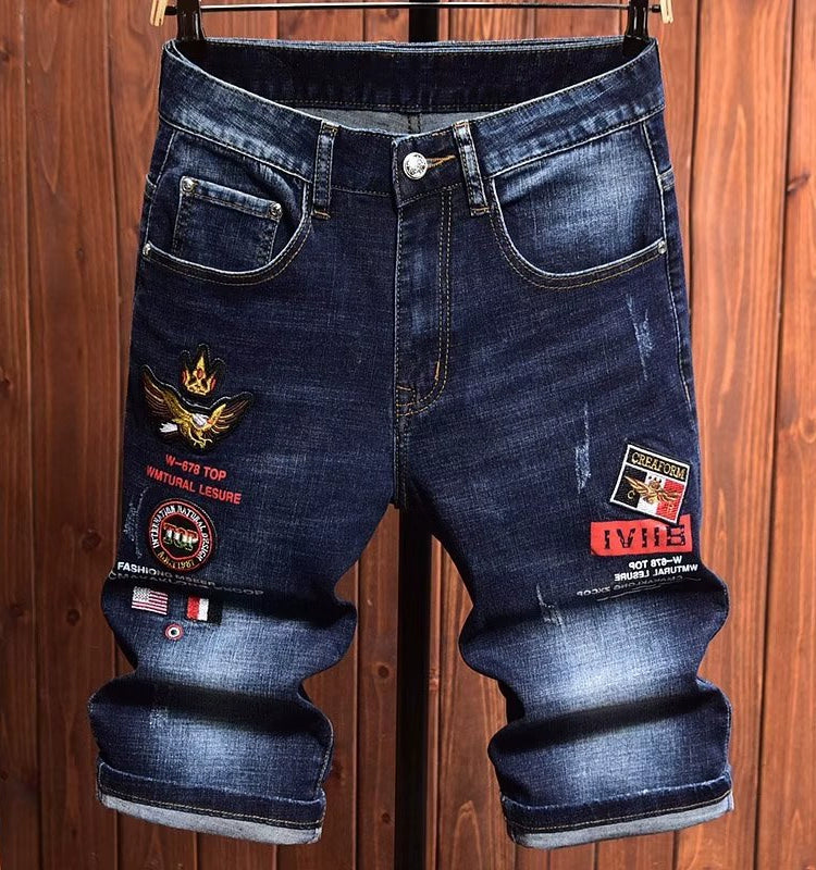 European Station Print Denim Slim Fit Cropped Pants Summer Embroider