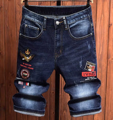 European Station Print Denim Slim Fit Cropped Pants Summer Embroider
