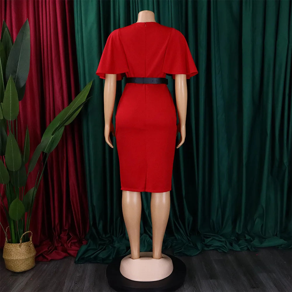 Elegant Office Dressi for women O Neck ruffles sleeve belt waisted sheath package hips  Mid Calf Formal Business Work Dre