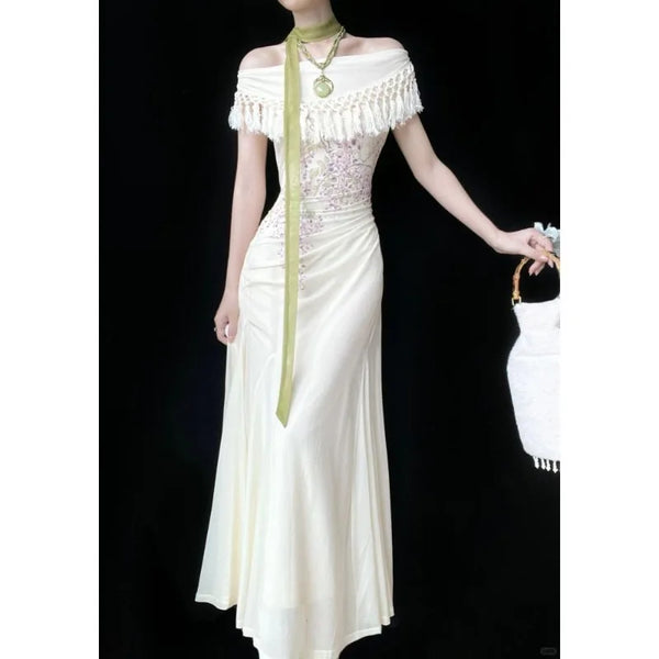 Elegant Luxury New Off Shoulder Floral Print Dress Women Tassel Ruched Fishtail Dress Chic French Style Party Banquet Daily Date