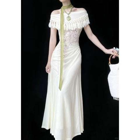 Elegant Luxury New Off Shoulder Floral Print Dress Women Tassel Ruched Fishtail Dress Chic French Style Party Banquet Daily Date
