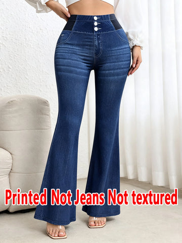 [Printed Pants - Not Faux Denim Fabric]2D Printed Faux Effect, Printed Flared Trousers - ,