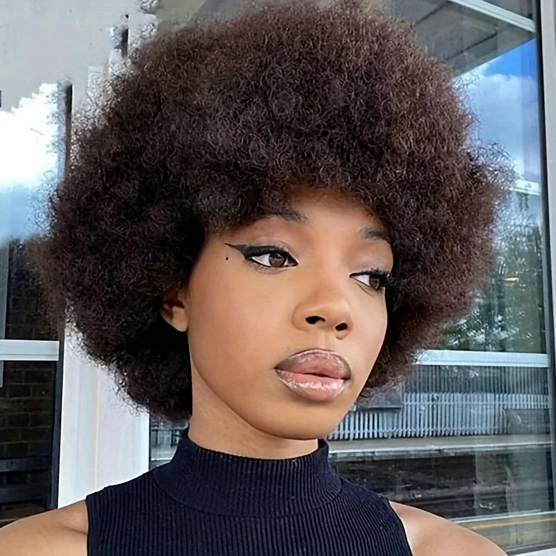 Afro Kinky Curly Human Hair Wigs 6/8 Inch Machine Made Wigs for Women - Fluffy Natural Looking Pixie Cut Wigs