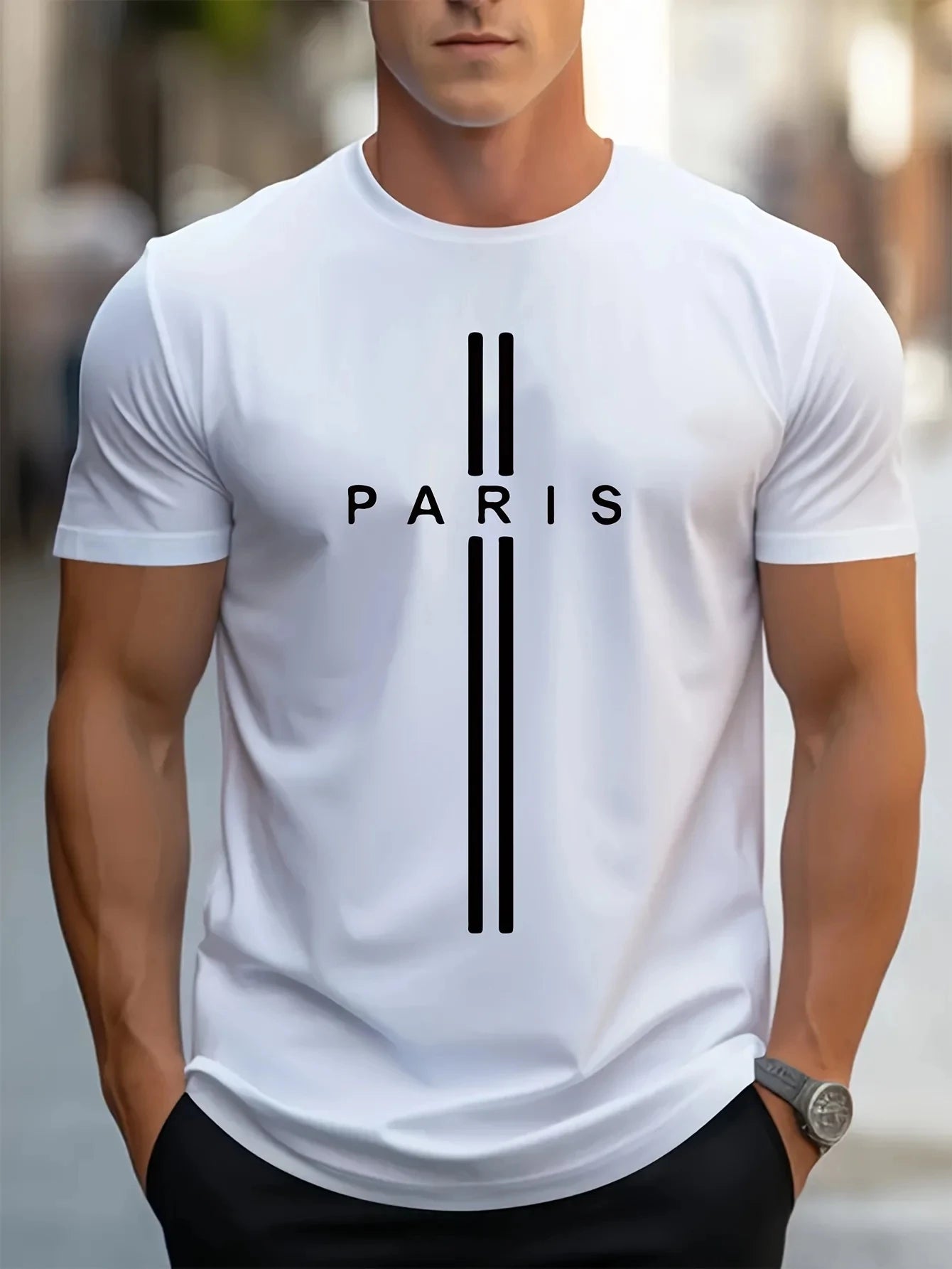 3D printed men's loose summer T-shirt,Paris printed round neck casual