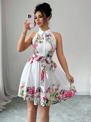 Tropical Print Halter Neck Dress, Vacation Style Backless Dress For Spring & Summer, Women Clothing Women Dress Summer Slimming