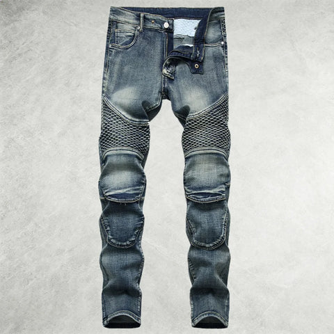 New American high street men's blue washed jeans nostalgic motorcycle pleated riding knee pants casual pants