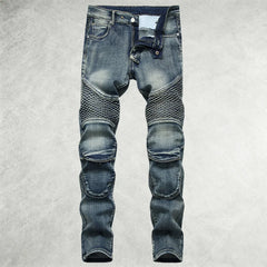 New American high street men's blue washed jeans nostalgic motorcycle pleated riding knee pants casual pants
