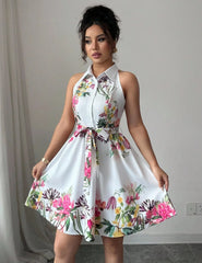 Tropical Print Halter Neck Dress, Vacation Style Backless Dress For Spring & Summer, Women Clothing Women Dress Summer Slimming
