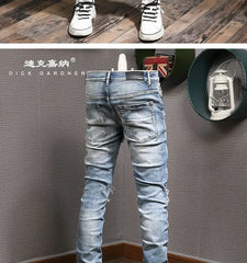 Men's Clothing Autumn and Winter Slim-fit Jeans Ripped Leggings Trendy Brand Cotton Handsome Trousers