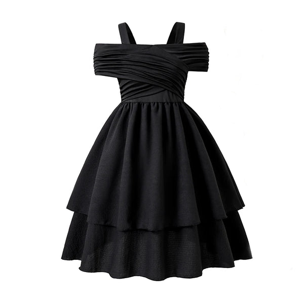 Kids Dress For Girls Black Solid Color Sling Short Sleeve Ruched Tiered Dress 8-12 Years Summer Frenchy Simple Style Elegant