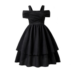 Kids Dress For Girls Black Solid Color Sling Short Sleeve Ruched Tiered Dress 8-12 Years Summer Frenchy Simple Style Elegant
