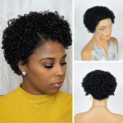 Natural Black Short Tight Kinky Curly Lace Front Pixie Cut Human Hair Wig Lightweight Solid Black Small Curl Short Lace Front Pixie Wig13x4x1 Lace Front Full Machine Made For Office Routine Dating & Various Formal Gatherings
