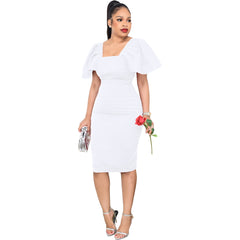 Summer Ruffle Work Dress Women Casual Solid Butterfly Short Sleeve Square Collar Tight Waist Bodycon Party Business Midi Dress