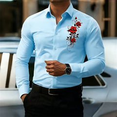 Men's Long-Sleeved Shirt, Featuring a Vintage Red Rose Print Design. A Stylish