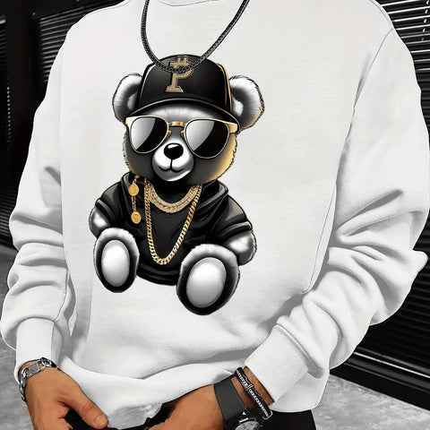Men's autumn and winter fashionable casual loose cool bear cartoon graphic print fleece long sleeved