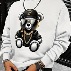 Men's autumn and winter fashionable casual loose cool bear cartoon graphic print fleece long sleeved