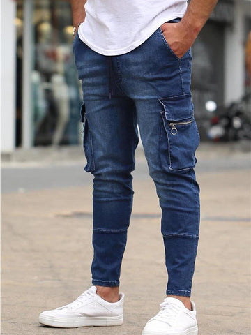 New Men's Slim Fit Stretch Jeans Casual Fashion Multi Pocket Cargo Denim Pants High  Jeans Work Hip Hop