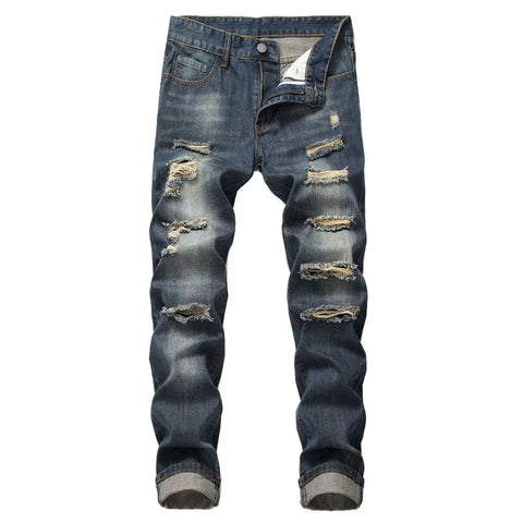 Punk Street Style Ripped Skinny Jeans Men Vintage Wash Solid Denim Trouser Mens Casual Slim Fit Pencil Denim Holes Pants 2024