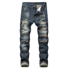 Punk Street Style Ripped Skinny Jeans Men Vintage Wash Solid Denim Trouser Mens Casual Slim Fit Pencil Denim Holes Pants 2024