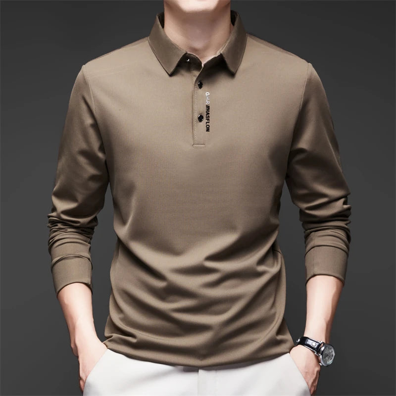 New Men's Business Casual Long Sleeved Shirt with Badge Solid Color Polo Shirt